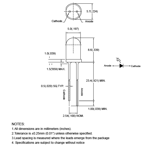 Mechanical Drawing - American Bright LED BPD-BQDA34-RR End-Look Package PIN Photodiode